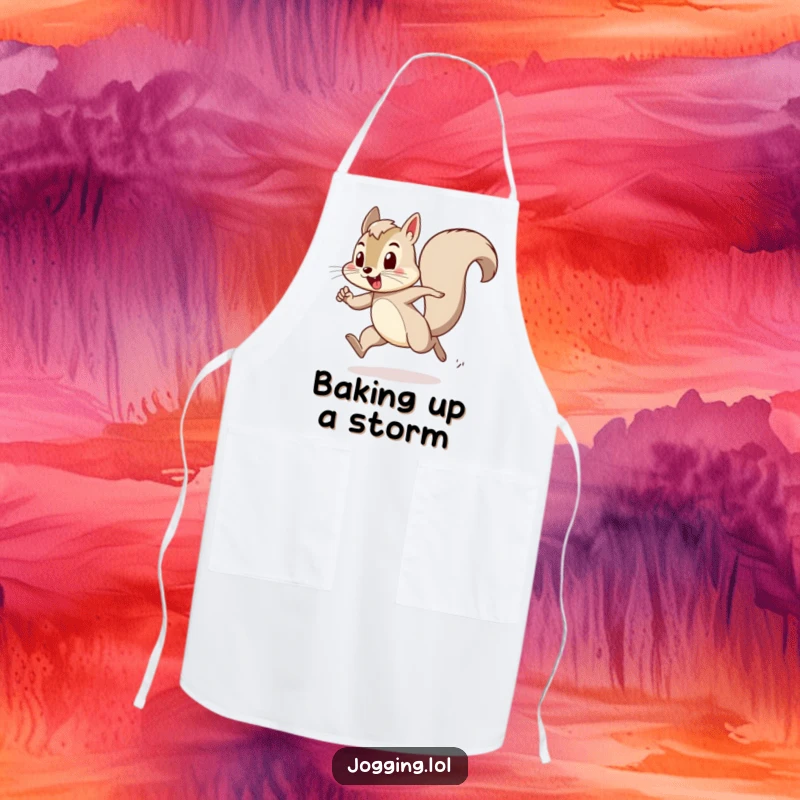Funny apron featuring a playful squirrel character bounding with exertion, adding humor and energy to cooking and baking.