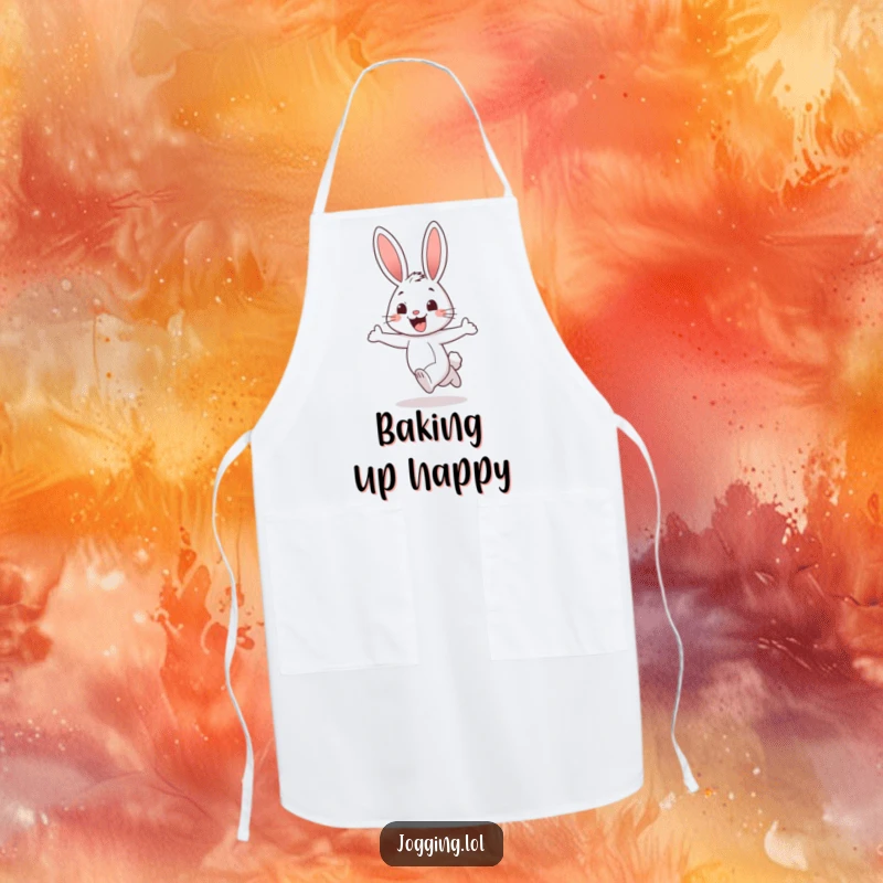 Funny rabbit apron showing a cheerful character jogging with a wide, excited grin, ideal for cooks who enjoy humor and a playful atmosphere, a unique gift.