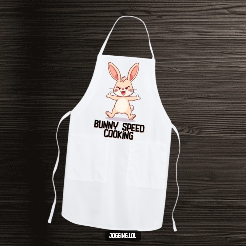 Funny energetic bunny apron, determined rabbit, legs extended, kitchen attire, cooking humor, ideal funny gift