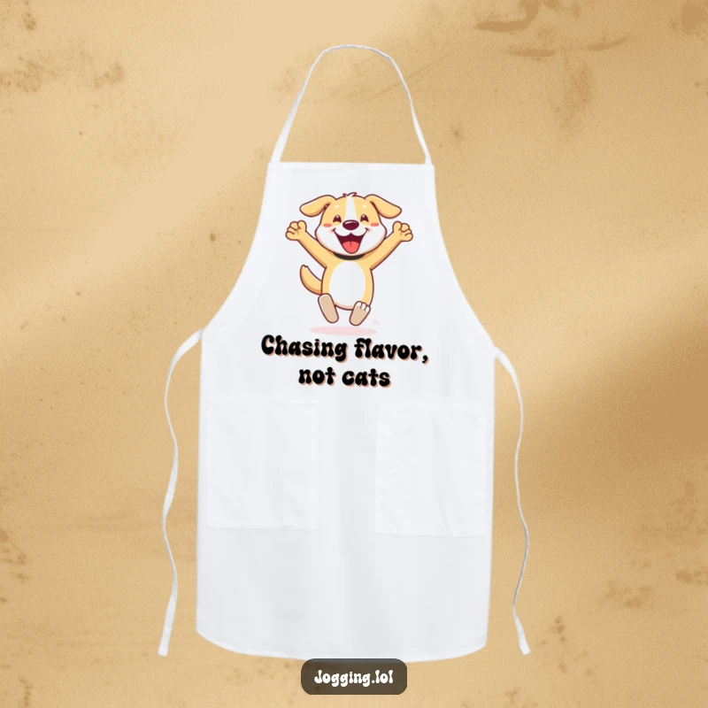 Funny dog apron showing a happy character sprinting with arms pumping, ideal for chefs who love humor in the kitchen, a unique gift.