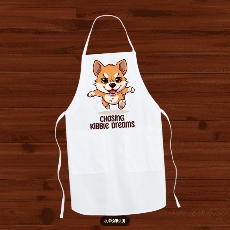Funny dog apron featuring a determined dog character running vigorously, adding a humorous and energetic touch to kitchen wear.