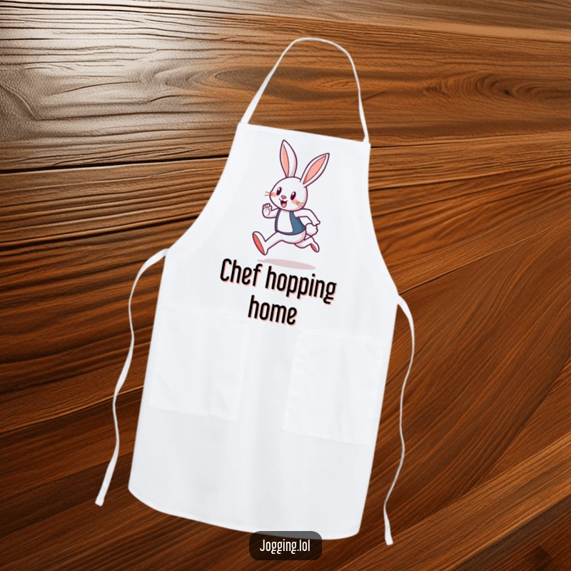Funny apron with a cheerful rabbit jogger illustration, ready to cook or bake with energetic flair.