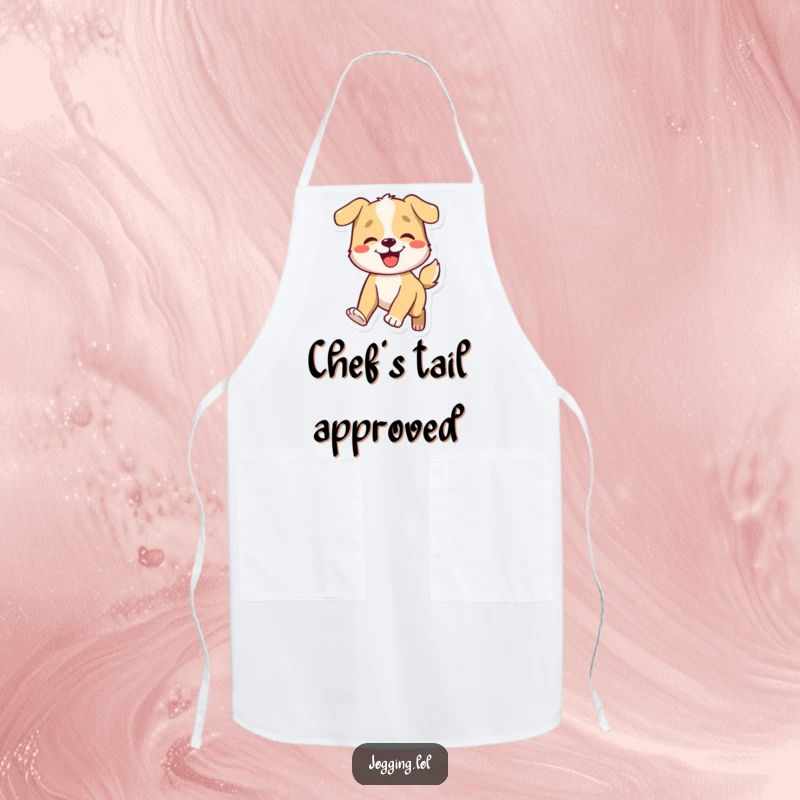 Funny dog apron showing a smiling character energetically wagging its tail, ideal for adding humor to cooking and baking.