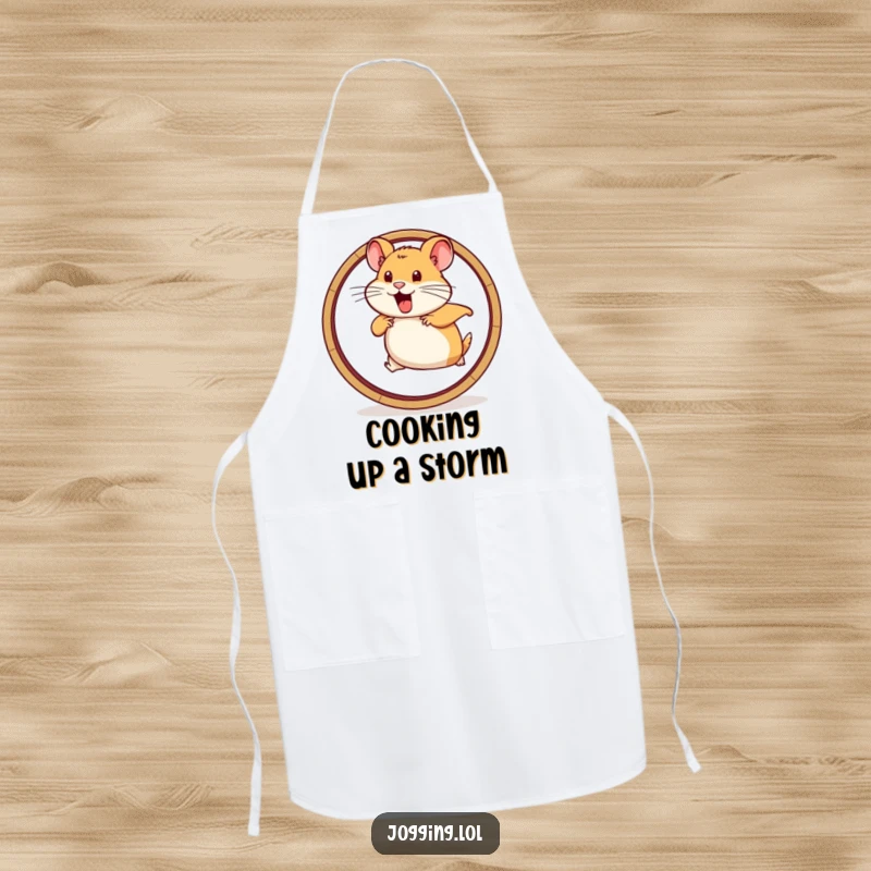Funny apron with a determined hamster running vigorously on a wheel graphic, perfect for the energetic chef in the kitchen.