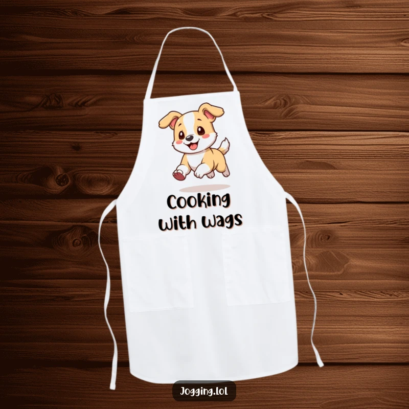 Funny Apron featuring a playful dog character running with ears happily flopping, ready for kitchen fun.