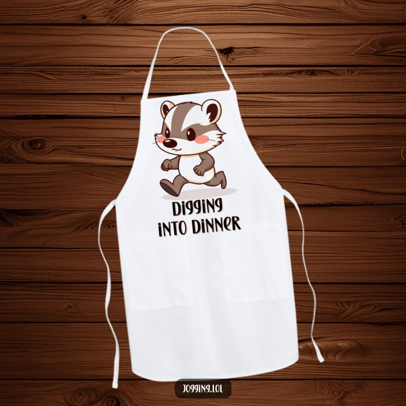 Funny apron showing a determined badger with puffed cheeks, jogging uphill, ready for any kitchen task.