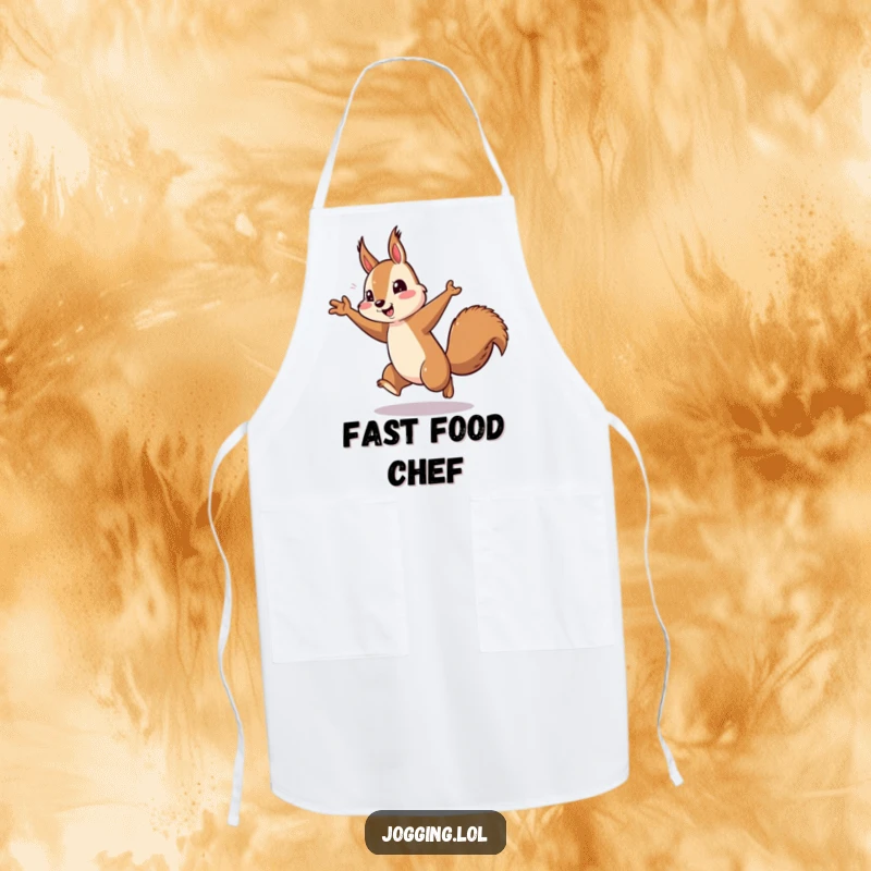Funny squirrel running apron, energetic arm pumping, playful rodent, kitchen attire, cooking humor, ideal funny gift