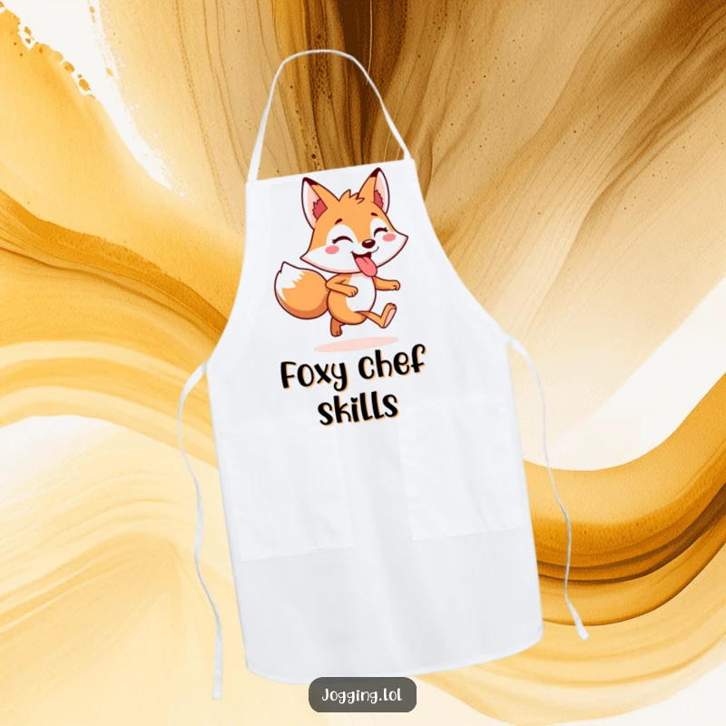 Funny Apron featuring a cheerful fox character jogging with its tongue playfully out, ready for kitchen antics.