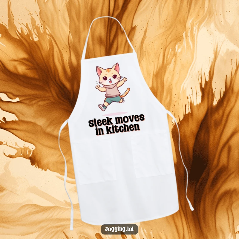 Funny athletic cat apron, sleek feline sportswear, jumping stride, kitchen attire, cooking humor, ideal funny gift
