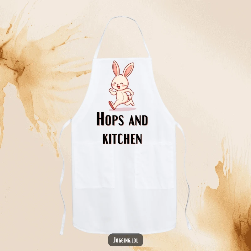 Funny apron showcasing a joyful bunny character doing a happy hop mid-jog, perfect for kitchen cheer.