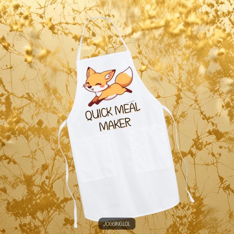 Funny cheerful fox apron, legs tucked, moving fast, playful kitchen attire, cooking humor, ideal funny gift