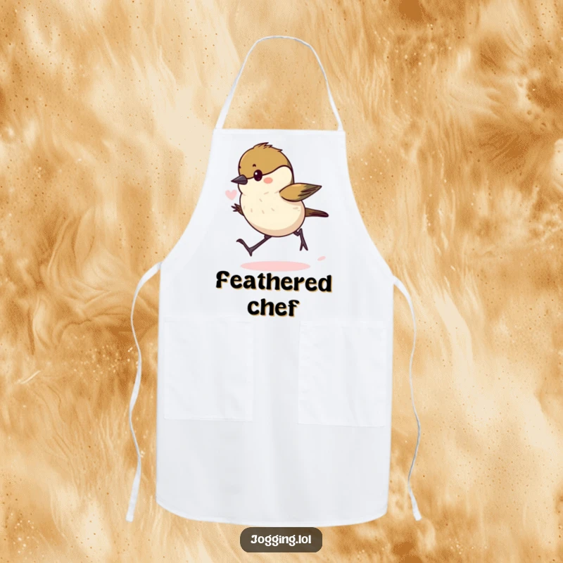 Funny chickadee apron showing a determined bird hopping energetically, ready to tackle any kitchen task with humorous effort.
