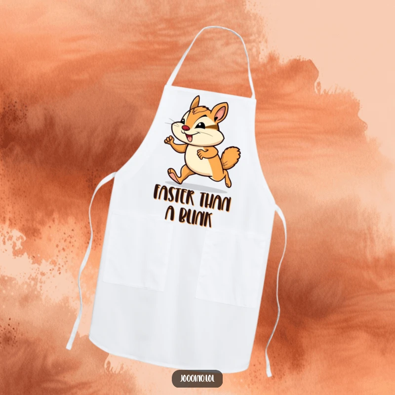 Funny chipmunk apron showing a smiling rodent in a determined jogging motion, adding humor to kitchen activities.