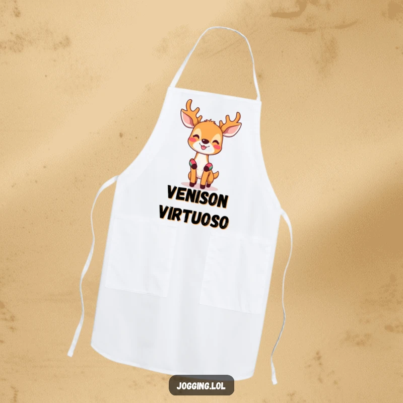 Funny apron showing a happy deer with tiny sweatbands on its wrists, looking invigorated and ready to cook.
