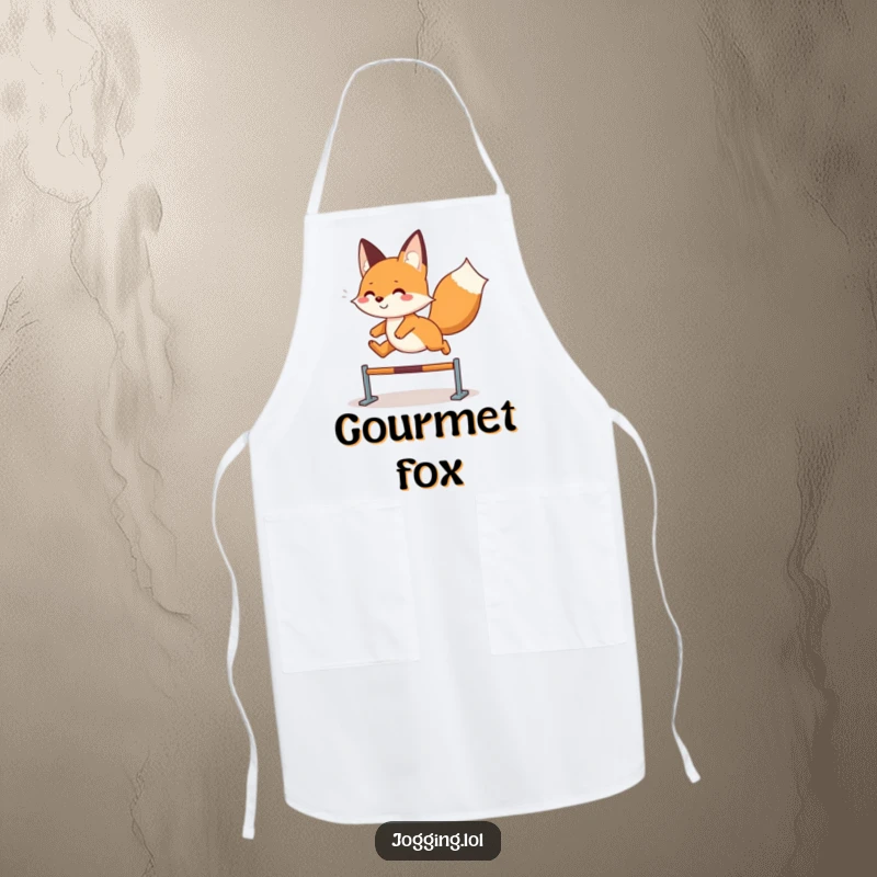 Funny fox apron with a playful character gleefully leaping in the kitchen, ready to cook with joy and whimsical energy, a great funny gift.