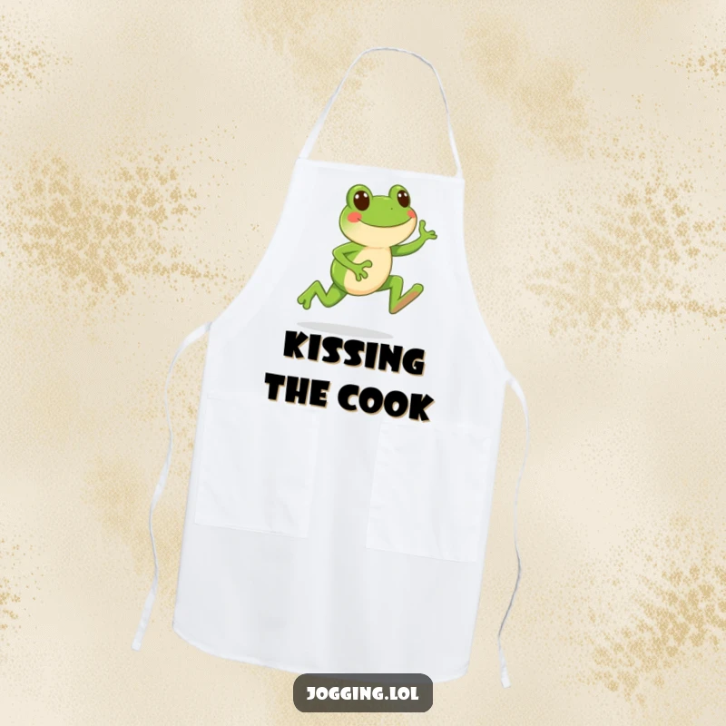 Funny apron showing a happy frog character leaping forward with each jogging stride, perfect for a humorous cooking experience.