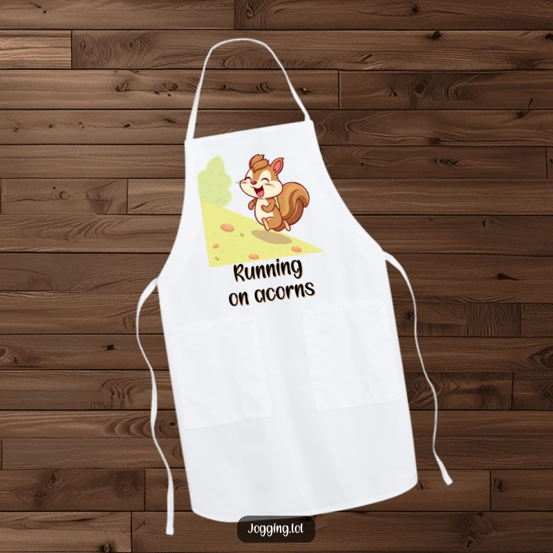 Funny squirrel apron with a giggling character jogging determinedly, perfect for adding a humorous and motivational touch to kitchen tasks.