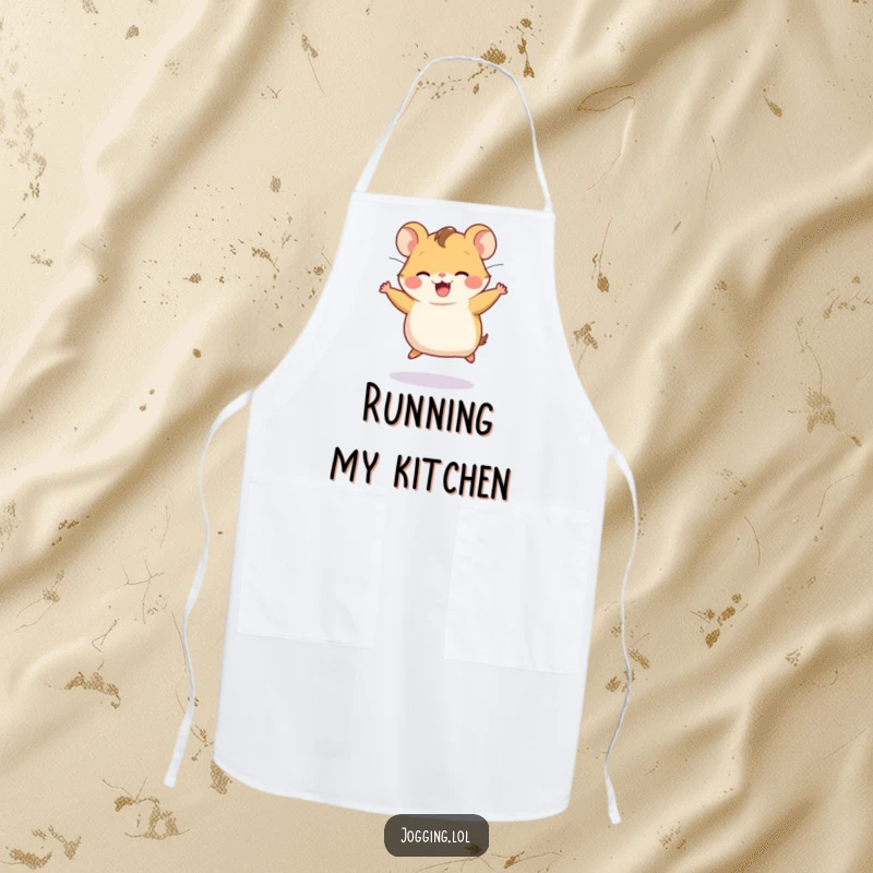 Funny apron showcasing a joyful hamster character running on an invisible wheel, symbolizing energetic kitchen fun.