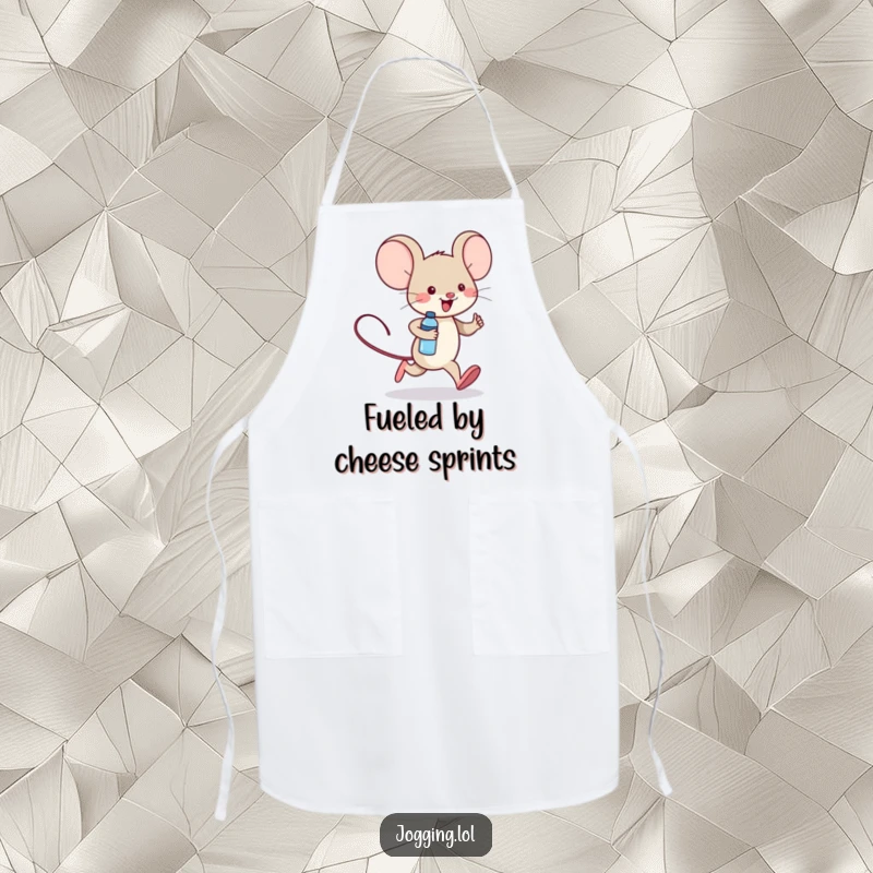 Funny apron depicting a cheerful mouse character jogging with a tiny water bottle, ideal for kitchen fun and clean cooking.