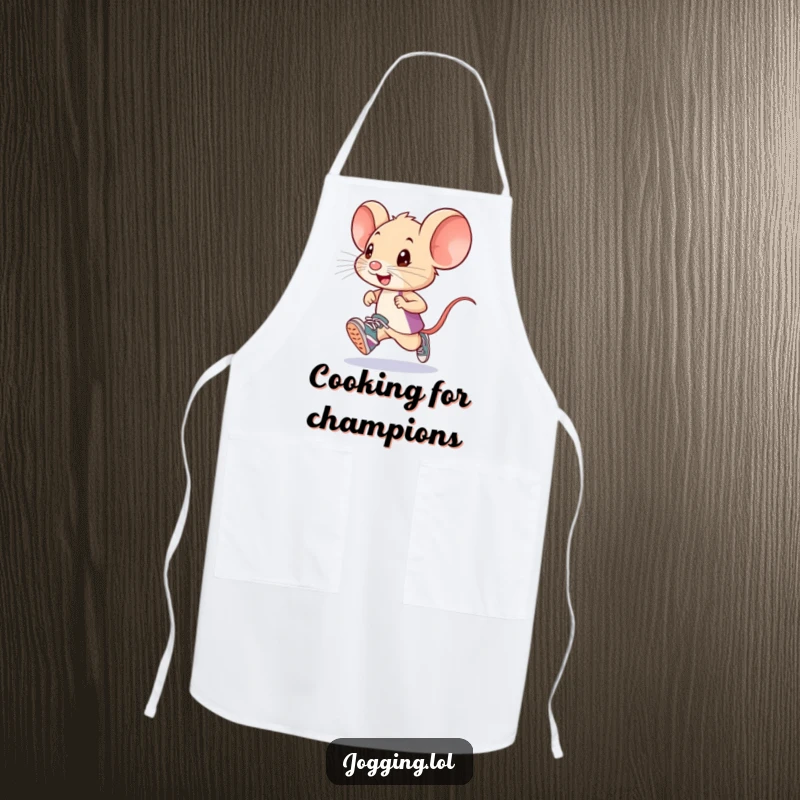 Funny little mouse runner illustration on an apron, wearing tiny sneakers, suggesting diligent and humorous kitchen work.