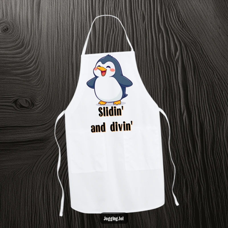 Funny penguin apron showing a delighted character sliding with a wide grin, ideal for adding humor to kitchen duties.