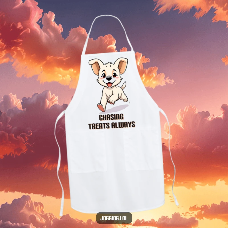 Funny apron with a determined puppy character jogging enthusiastically, adding humorous dog-lover charm to cooking, an ideal funny gift.