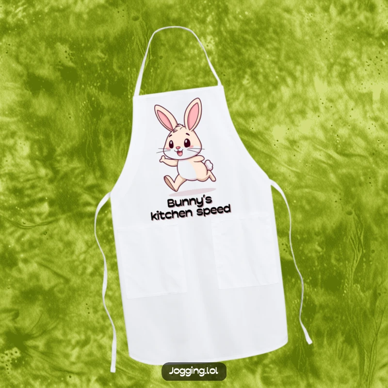 Funny apron depicting a cheerful rabbit with determined legs, jogging with gusto, perfect for kitchen adventures.