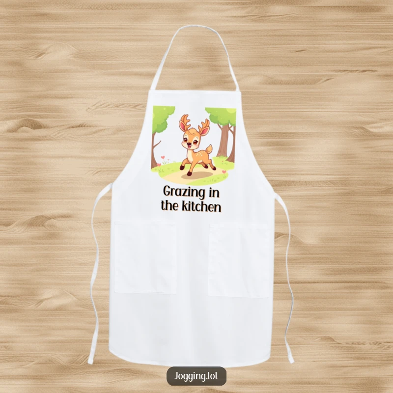 Funny deer apron with a smiling character eagerly bounding along a path, perfect for adding humorous and cheerful flair to kitchen tasks.