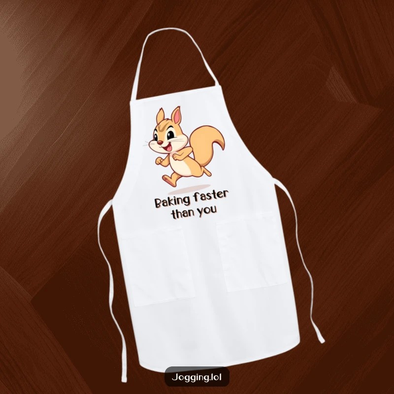 Funny squirrel apron featuring a joyful squirrel character sprinting with humorous determination, adding a playful touch to kitchen wear.