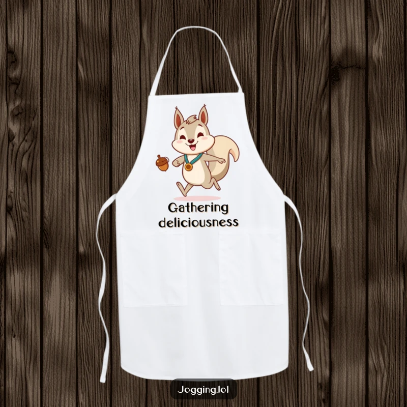 Funny Apron featuring an enthusiastic squirrel jogger holding an acorn like a medal, ready for kitchen adventures.