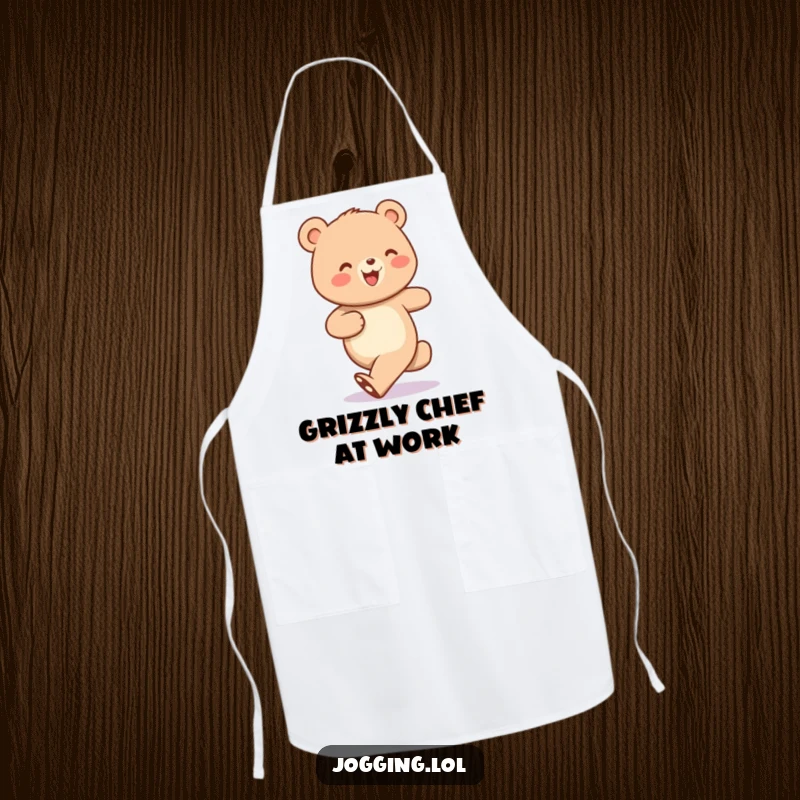 Funny apron showing a cheerful bear character jogging with tiny, bobbing steps, perfect for a humorous cooking experience.