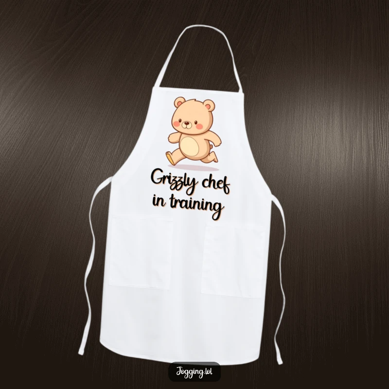 Funny apron featuring a diligent bear running with a steady, happy gait, designed for cooks who appreciate consistent effort and a cheerful kitchen.