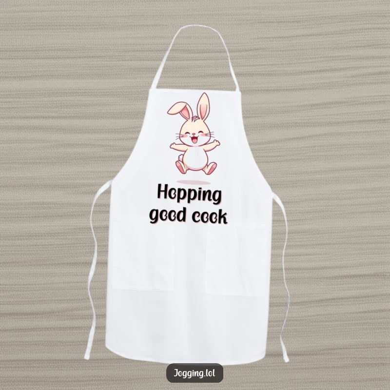 Funny apron showing a joyful rabbit comically jogging, ears flopping humorously, ready for kitchen adventures.