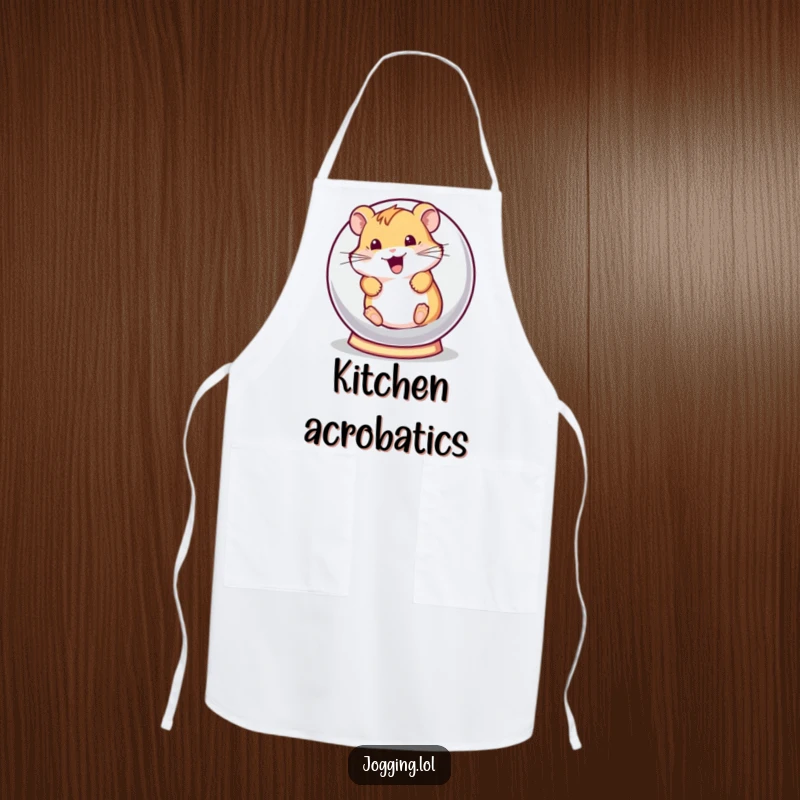 Funny apron showing a playful hamster character rolling in a hamster ball, great for kitchen use with a cute and energetic design.