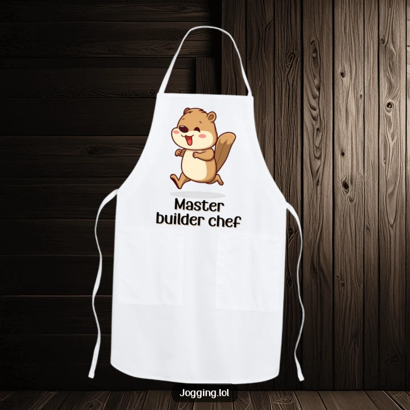 Funny apron illustration of a busy beaver runner with rhythmic leg movements, ready for kitchen construction.