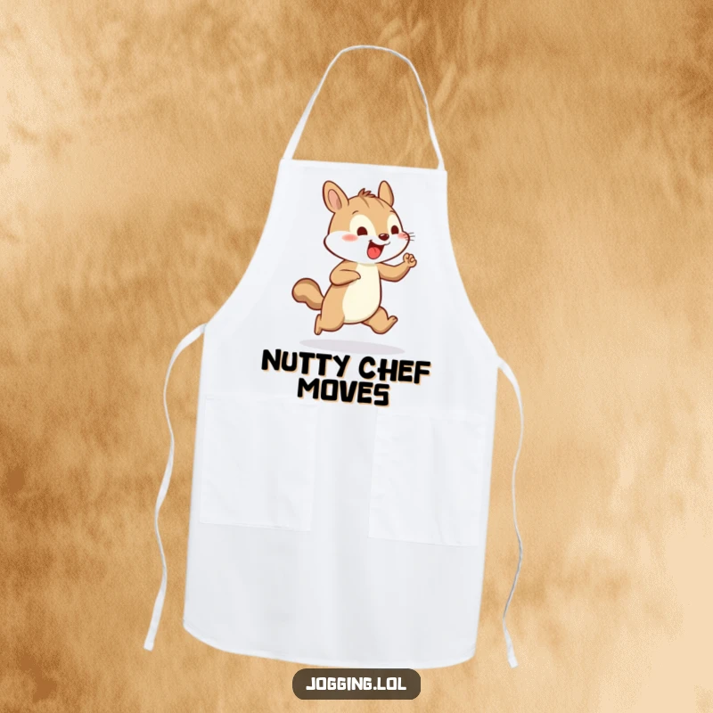 Funny apron showing a cheerful squirrel vigorously pumping its tiny arms while jogging, ready for culinary adventures.