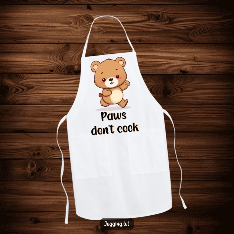 Funny apron showcasing a curious bear cub character performing a hesitant jog, looking at its paws, ideal for kitchen humor.