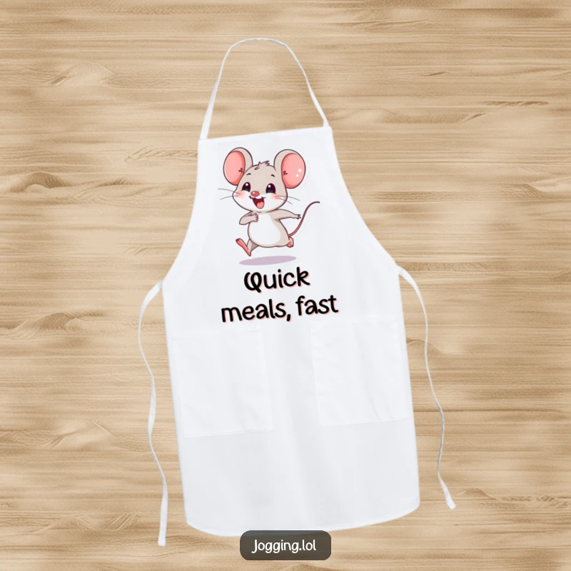 Funny apron showing a joyful mouse character happily speeding along with tiny legs, great for kitchen use with a cute and energetic design.