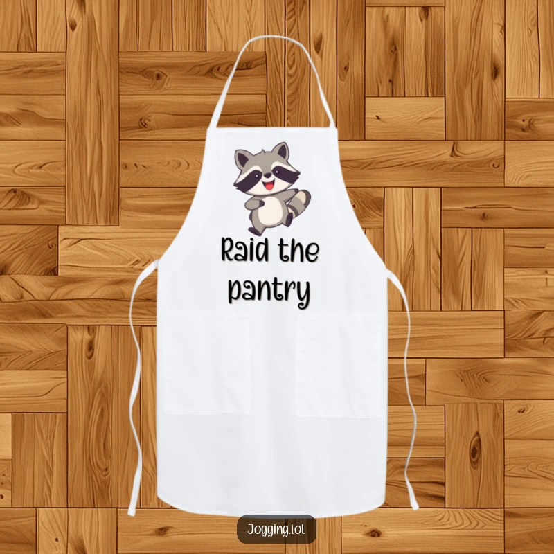 Funny apron featuring a joyful raccoon with legs churning quickly, designed for cooks who want to add speed, fun, and humor to their kitchen.