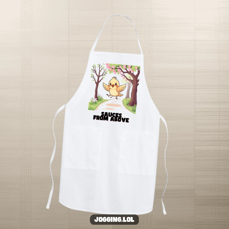 Funny apron showing a curious bird character playfully swooping over a jogging path, great for kitchen use with a cute and whimsical design.
