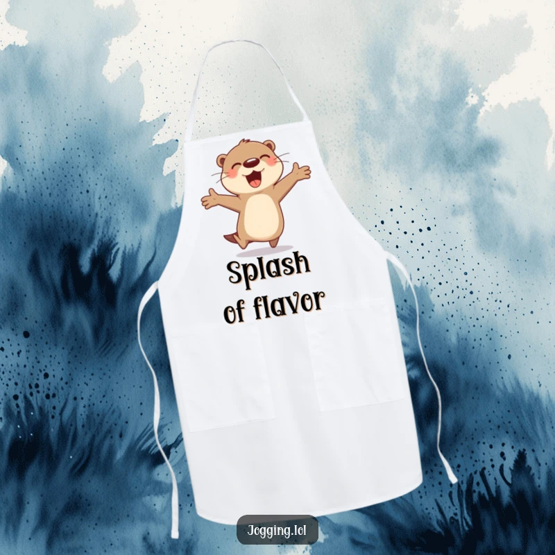 Funny otter apron with a cheerful character gleefully bounding in the kitchen, ready to cook with joy and enthusiasm, a great funny gift.