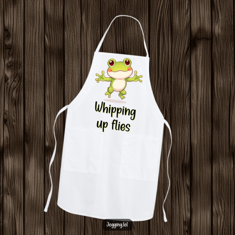 Funny frog apron featuring a playful frog character hopping with humorous enthusiasm, adding a fun and energetic touch to kitchen wear.