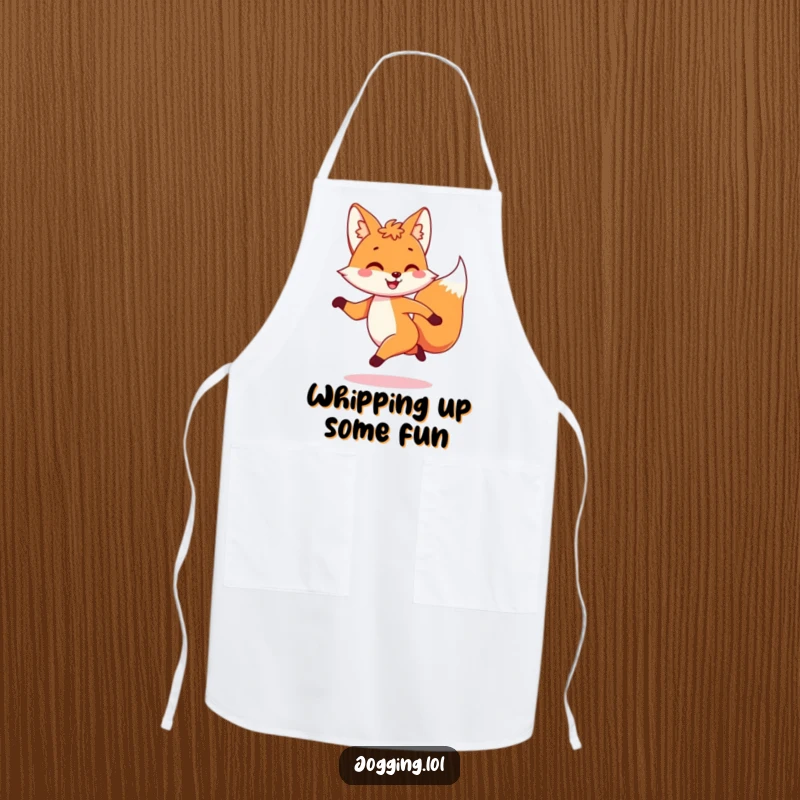 Funny apron with a playful fox character dashing with a joyful bounce, perfect for the energetic cook.