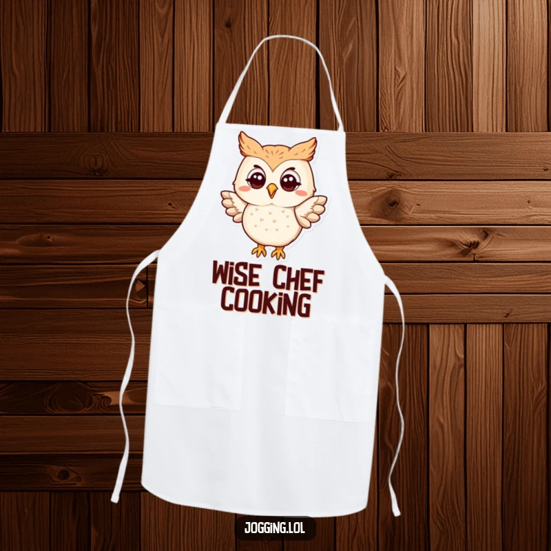 Funny owl apron showing a happy character slightly flapping its wings, ideal for adding humor to kitchen duties with a wise touch.