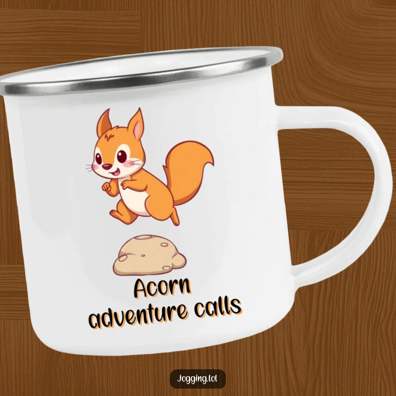 Funny camping mug of a playful squirrel in mid-leap, jumping over an obstacle, ready for outdoor fun.