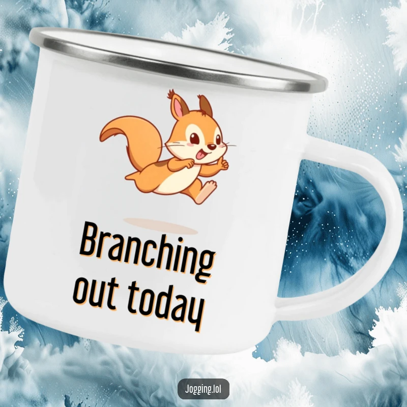Funny enamel camping mug featuring a playful squirrel sprinter mid-leap, perfect for outdoor adventures and energetic mornings.