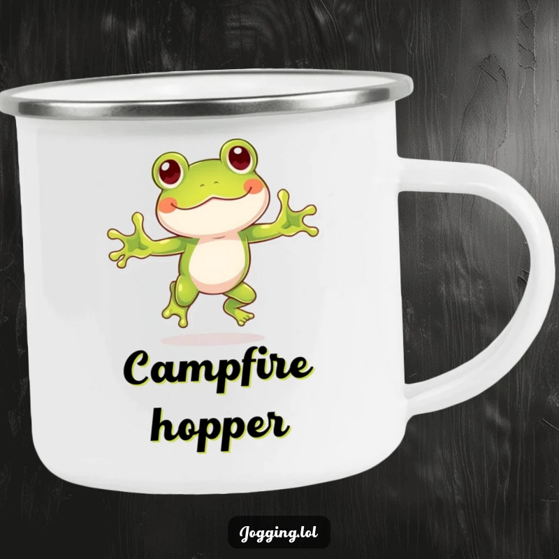 Funny frog camping mug featuring a playful frog character hopping with humorous enthusiasm, inspiring energy on any journey.