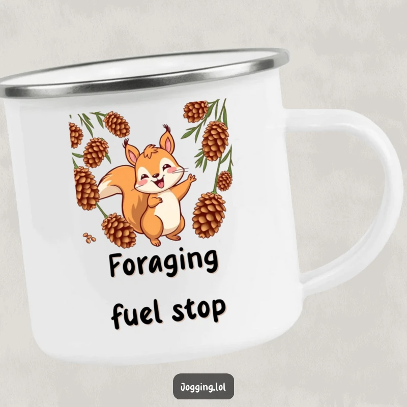 Funny squirrel camping mug showing a jovial character weaving playfully between cones, ready for outdoor fun, a durable and humorous gift.