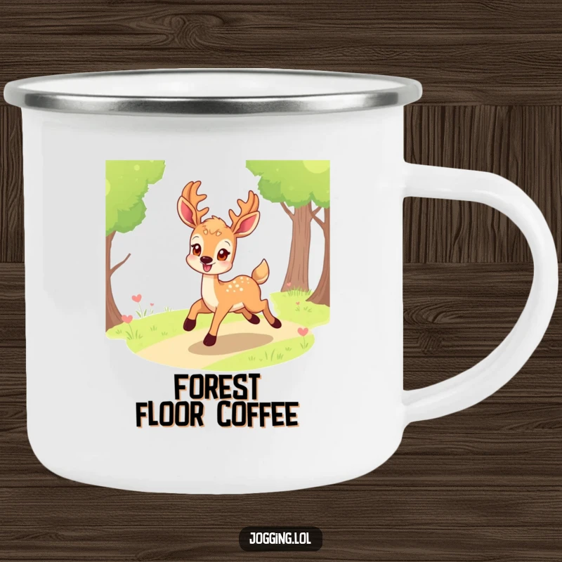 Funny deer camping mug with a smiling character eagerly bounding along a path, perfect for outdoor humor and a cheerful start.