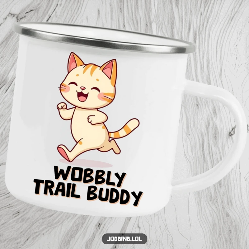 Funny camping mug with a happy cat character jogging with a wobble, durable and humorous for outdoor enthusiasts, a great funny gift.